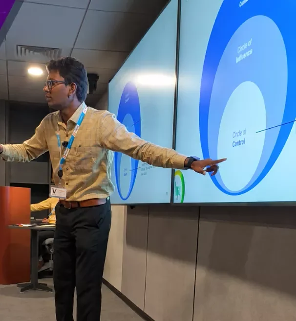 Kaleeswaran K presenting a circle-of-control model to a room during a session