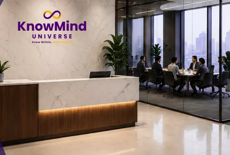 A reception area with the KnowMind Universe wordmark on the wall and a meeting in progress beyond it